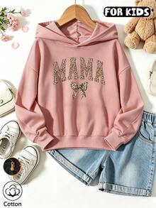 Girls Leopard MAMA Letter Bow Print Hoodie, Casual Long Sleeve Hooded Pullover - Nude Pink - View 1