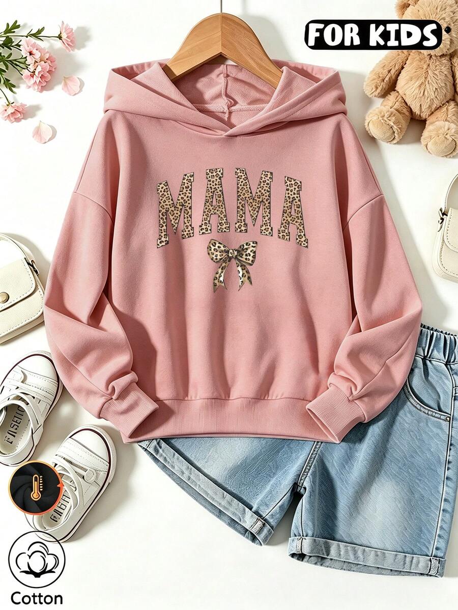 Girls Leopard MAMA Letter Bow Print Hoodie, Casual Long Sleeve Hooded Pullover - Nude Pink - View 1