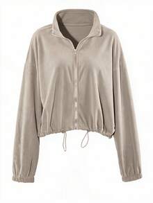 Women's Autumn/Winter Fleece Collar Short Jacket With Zipper And Drawstring Sports Fall - Khaki - View 6
