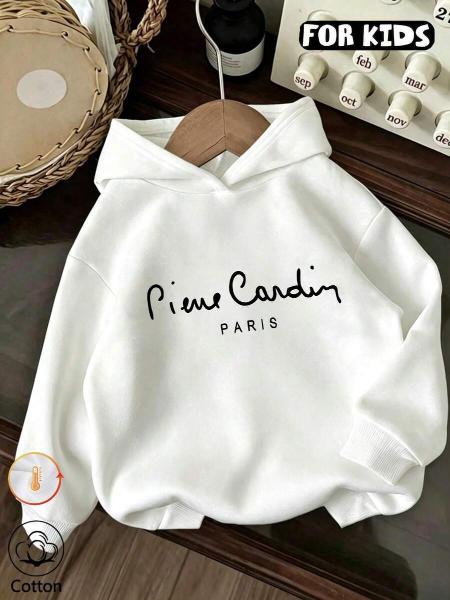 Minimalistisk hoodie med signaturtext för tween-flickor, hoodie med bokstavstryck för flickor - Vitt - Visa 1