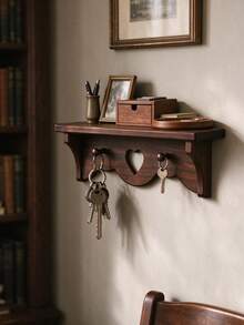 1pc Wood Wall Mounted Entryway Organizer, Rustic Key Holder Shelf With Heart Cutout, Farmhouse Key Rack With 2 Hooks, For Hallway Living Room Bedroom Home Decor Gift - View 5