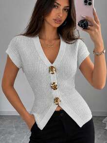 Apperloth A Elegant Ribbed Knit Sweaters Cardigan V Neck Asymmetrical Button Front Short Sleeve Fitted Crop Top For Women Fall Daily Fashion Thanksgiving Outfit - Silver White - View 1
