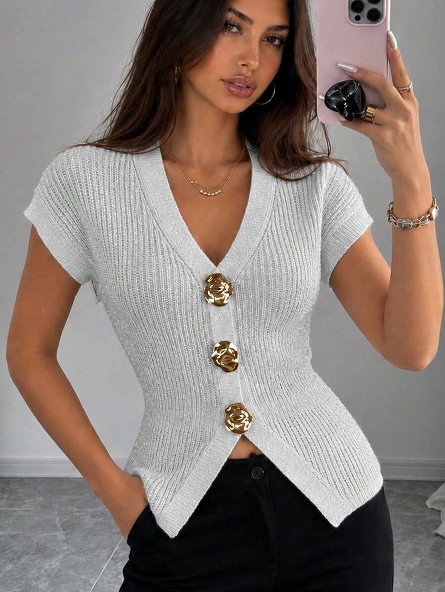 Apperloth A Elegant Ribbed Knit Sweaters Cardigan V Neck Asymmetrical Button Front Short Sleeve Fitted Crop Top For Women Fall Daily Fashion Thanksgiving Outfit - Silver White - View 1