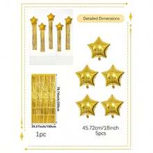 6pcs Gold Five-Pointed Star Foil Curtain Ribbon Balloon Set, Suitable For Birthday Party Decoration, Theme Party Setup, Bachelor Party Decoration, Wedding Decor, Birthday Atmosphere Photo Props - Gold - View 2