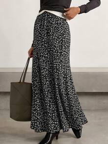 EARO Plus Size Women's Flowy Elegant Ditsy Floral Midi Skirt, Versatile - Black - View 2