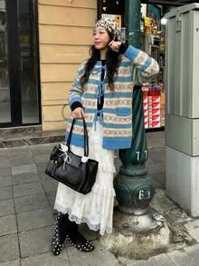 Patterned Tie Front Sweater Cardigan, Crew Neck, Long Sleeves, Front Pockets, Soft Knit, Blue, Cream And Pink, Vintage Fall Layering Style - Multicolor - View 2
