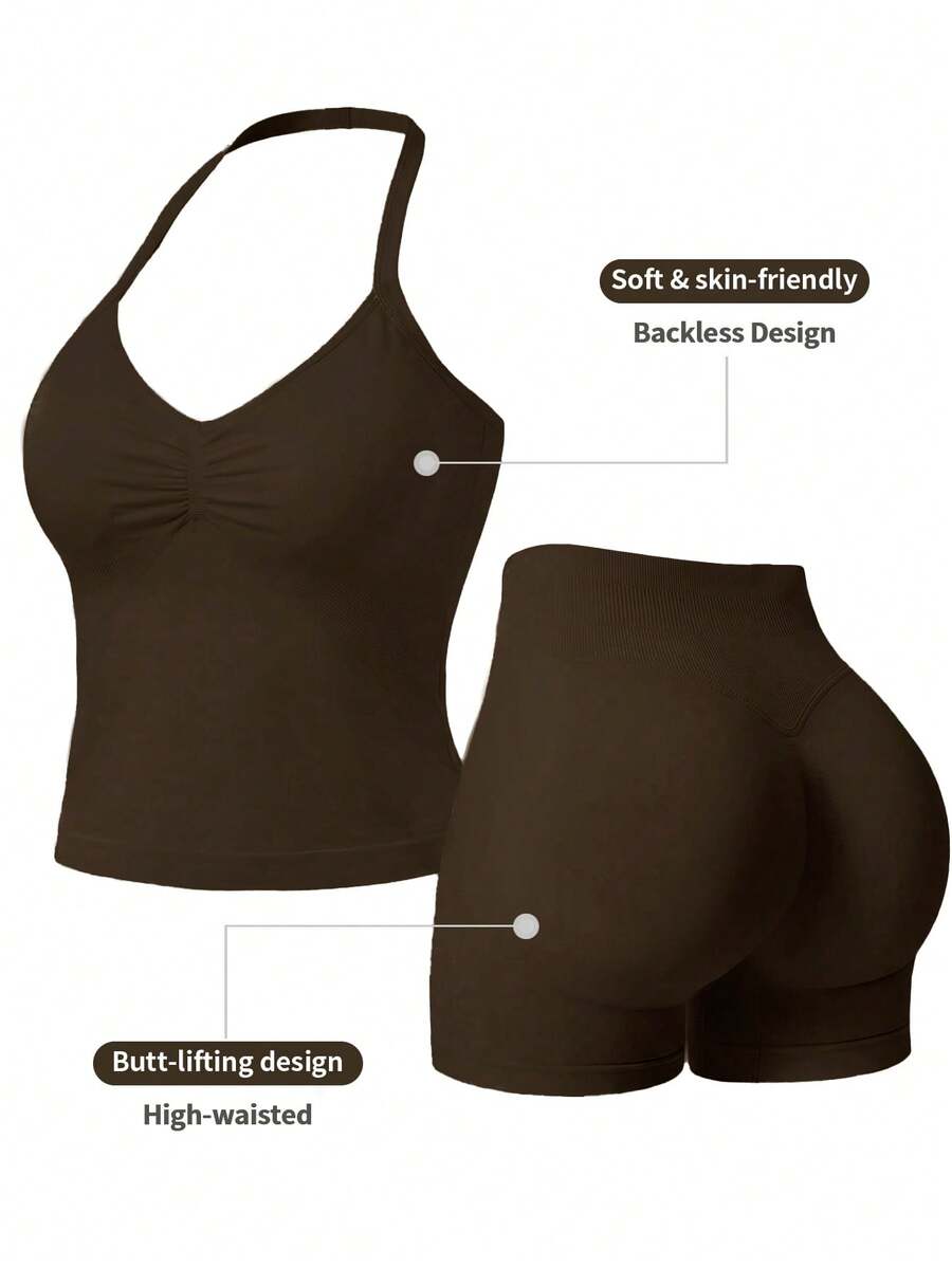 Women 2pcs Solid Color Ruched Halter Neck Cropped Tank Top + High Waist Butt Lifting Shorts Fitness Yoga Set - Brown - View 1