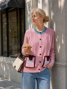 Women Fall Color Block Cable Knit Cardigan, Christmas Cute Bow Pocket Button Sweater Jacket, Casual For Shopping & Holiday Gathering - Pink - View 5