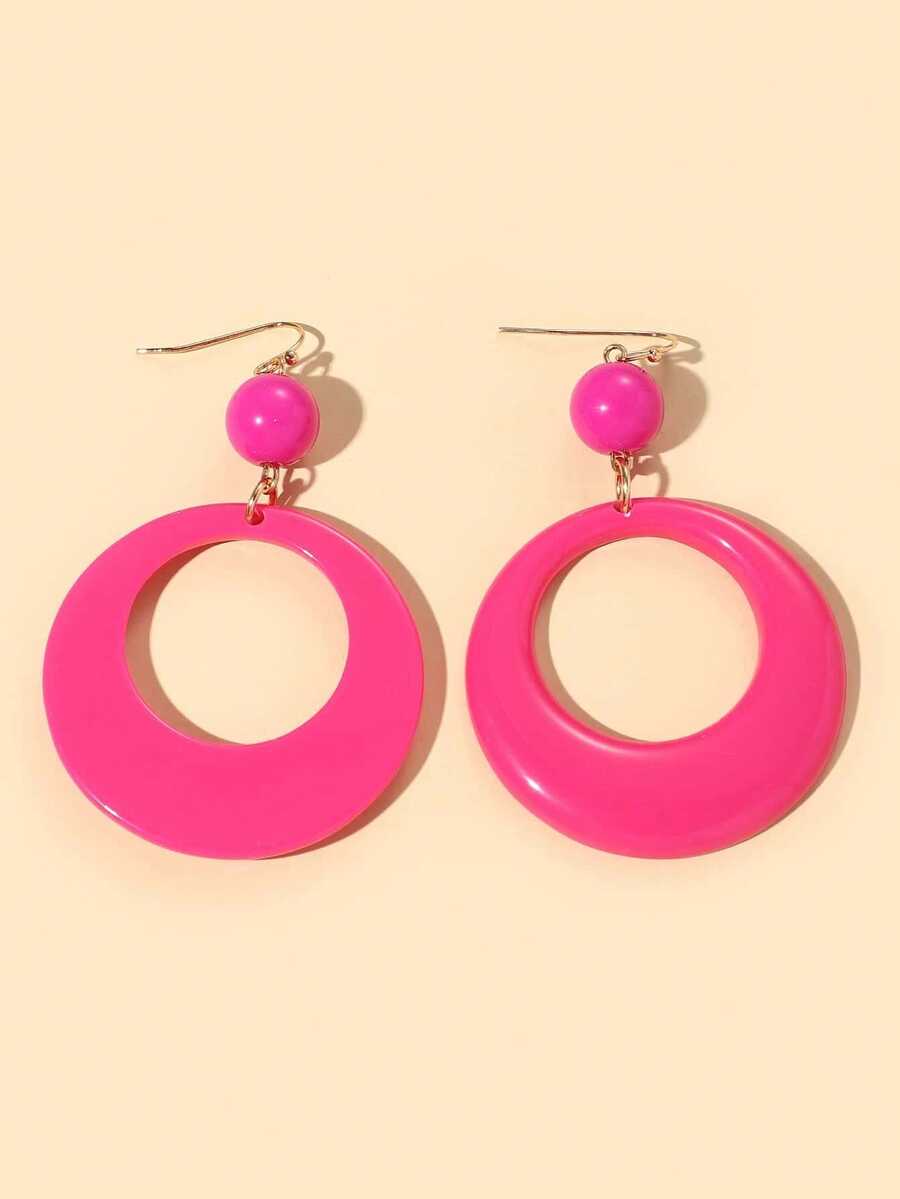 1 Pasang Anting Panjang Bulat Resin Bergaya - Hot Pink - View 1