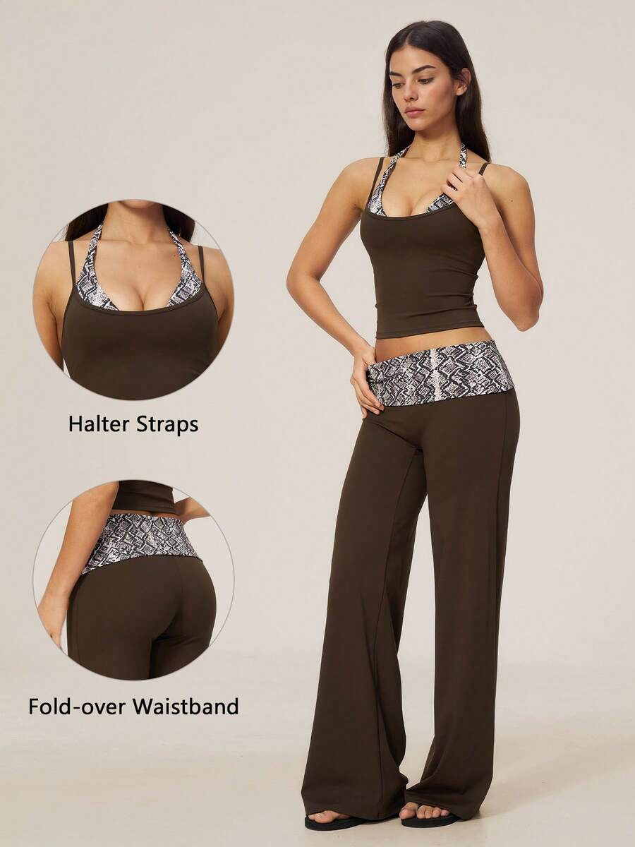 TimeOff Women's One Set Snake Skin Print 2 In 1 Patchwork V-Neck Halter Tank Top Folded Waist Wide Leg Pants Running Sports Outfit - Brown - View 1
