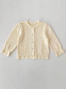 Spring/Autumn New Baby Girls' Clothing, Hollow Knit Cardigan, Girls' Round Neck Long Sleeve Sweater Jacket, Cuffed Knit Sweater - Apricot - View 6