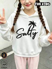 هودي بناتي بطبعة شجرة نخيل استوائية، سويت شيرت بغطاء رأس وشعار Salty للبنات - أبيض - مشاهدة 3