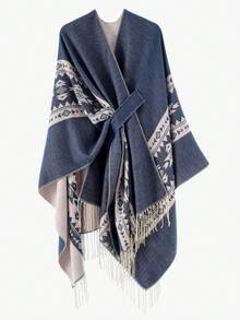 1pc Men's Striped Doorframe European & American Travel Style Shawl Cape, Versatile Double-Sided Solid Color Warm Scarf - Multicolor - View 10