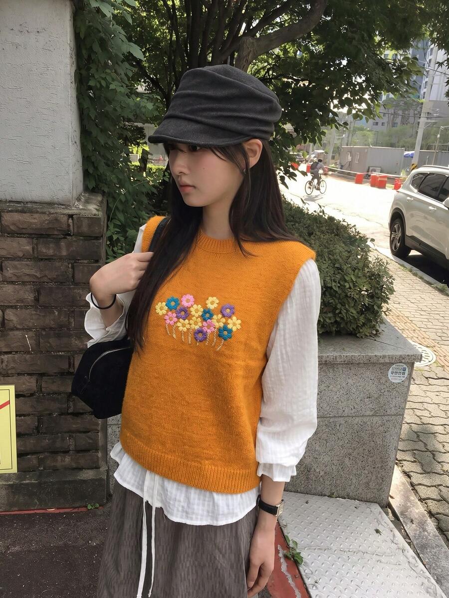 Rompi Sweater Bordir Bunga, Atasan Rajut Bergaris Tanpa Lengan Leher Bulat, Warna Oranye Lembut, Gaya Vintage Chic Kasual, Pakaian Berlapis untuk Musim Gugur untuk Wanita - Jeruk - View 1