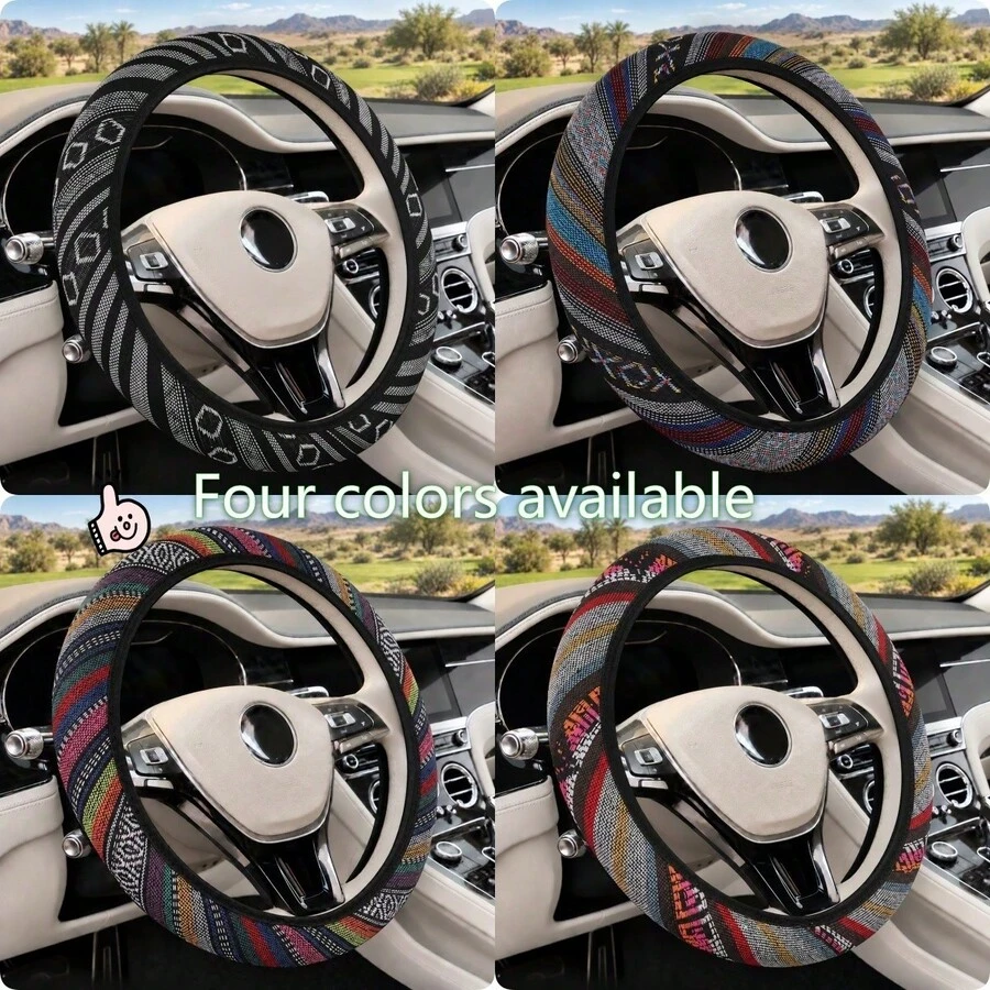 Bohemian Style Linen Fashionable Car Steering Wheel Cover Without Inner Ring, 15 Inches, Lightweight And Anti-Slip, Car Interior Decoration, Suitable For Both Men And Women, Applicable To Sedans, SUVs, Pickups, Minibuses, Etc