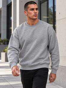 Men's Pure Gray Crew Neck Sweatshirt, Long Sleeve Casual Pullover, Regular Fit Minimalist Basic Style, Suitable For Autumn/Winter Wear - Grey - View 1