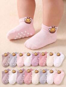 6/12/24 Pairs Random Cute Bee & Heart Decor Toddler Anti-Slip Short Socks, Multi-Color Heart Anti-Slip Bottom Baby Girl Socks, Newborn Essentials - Multicolor - View 1