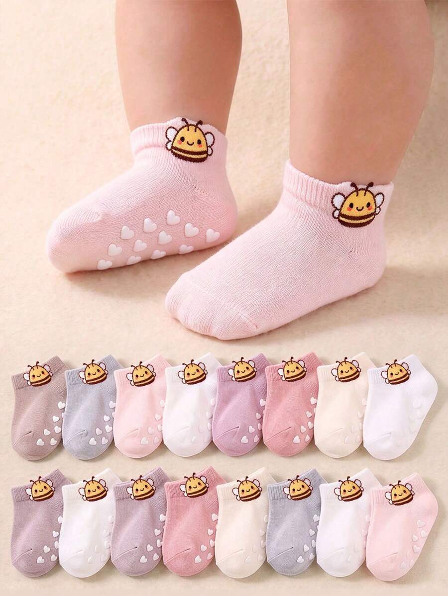 6/12/24 Pairs Random Cute Bee & Heart Decor Toddler Anti-Slip Short Socks, Multi-Color Heart Anti-Slip Bottom Baby Girl Socks, Newborn Essentials - Multicolor - View 1