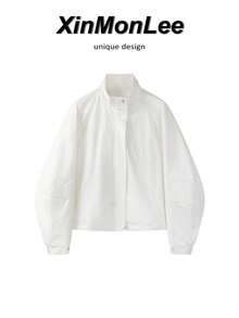 Early Autumn Korean Style Minimalist Stand Collar Short Jacket, Loose Fit Slimming Drawstring Design, Niche Elegant Travel Casual Vacation - White - View 1