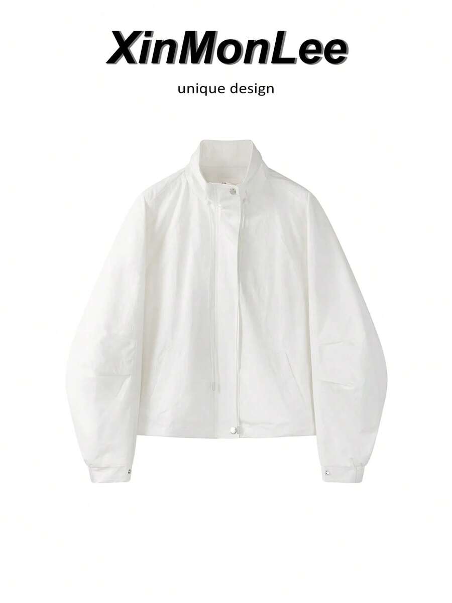Early Autumn Korean Style Minimalist Stand Collar Short Jacket, Loose Fit Slimming Drawstring Design, Niche Elegant Travel Casual Vacation - White - View 1