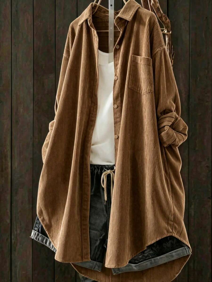 Women's Streetwear Pocket Front Button Jacket, Fashionable And Versatile - Mocha Brown - View 1