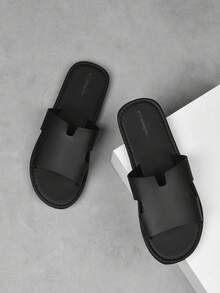 Men's Minimalist Strap Slide Sandals, Matte PU Leather Upper, Soft Padded Insole, Non-Slip EVA Sole, Suitable For Beach, Daily Wear, Indoor & Outdoor Casual Comfort, Available In Black And Brown - Black - View 3