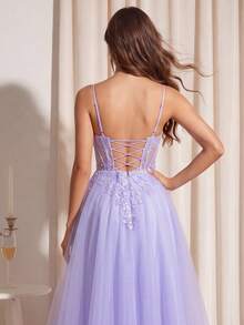 Spaghetti Strap Lace Prom Dress, Banquet Dresses Party Fall Elegant Wedding - Lilac Purple - View 6
