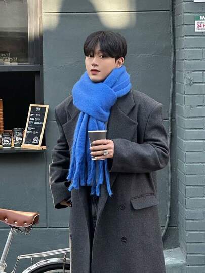 1pc Men's Long Scarf, Minimalist Design, Versatile & Suitable For Couples, Warm Fleece, Multifunctional Shawl With Tassels, Men's Gift