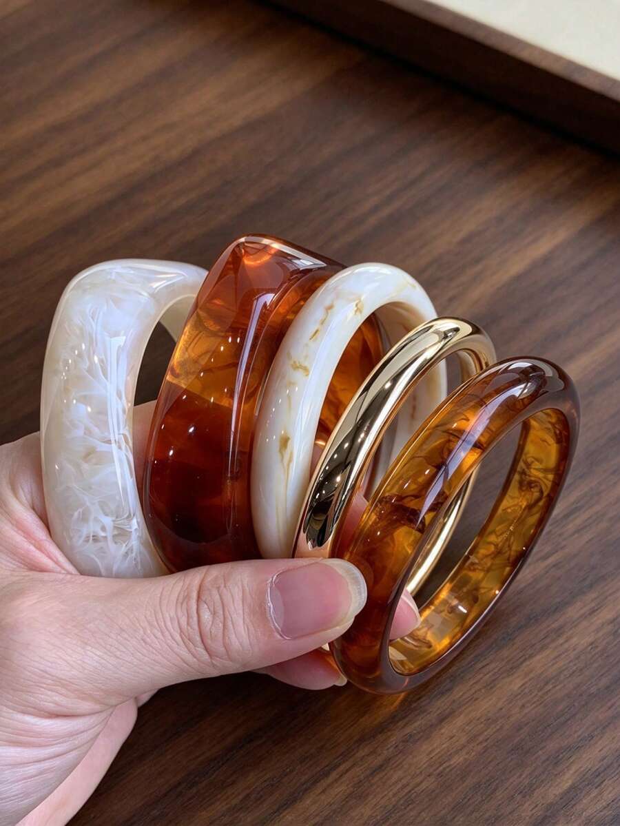 5pcs/Set Fashion Vintage Bohemian Thick Multi-Layer Brown Acrylic Bracelets For Women, Couples, Party, Daily Wear, Luxury High-End
