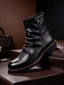 QRLQRL Autumn/Winter Men's Ruched Stacked Ankle Boots, Side Zipper Square Toe Thick Sole Fashion Boots, Urban Commute Streetwear Footwear - Black - View 1