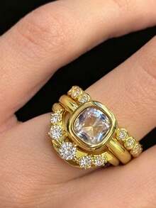 rundraw 3pcs Women's Ring Set, Gold Metal, Round Main Stone Surrounded By CZ, Exquisite Sparkling Versatile Rings, Autumn Style Party Gathering Outfit - Gold - View 7