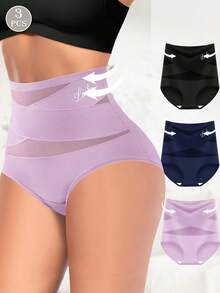 MEIYATING 3pcs High Waist Tummy Control Women's Panties, Mesh Criss-Cross Ice Silk Seamless Triangle Panties, Body Shaping & Butt Lifting - Multicolor - View 5