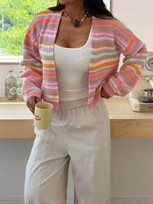 Women's Fashion Elegant Vacation Street Style Colorful Striped Contrast Color Long Sleeve Petal Sleeve Knit Sweater - Multicolor - View 3