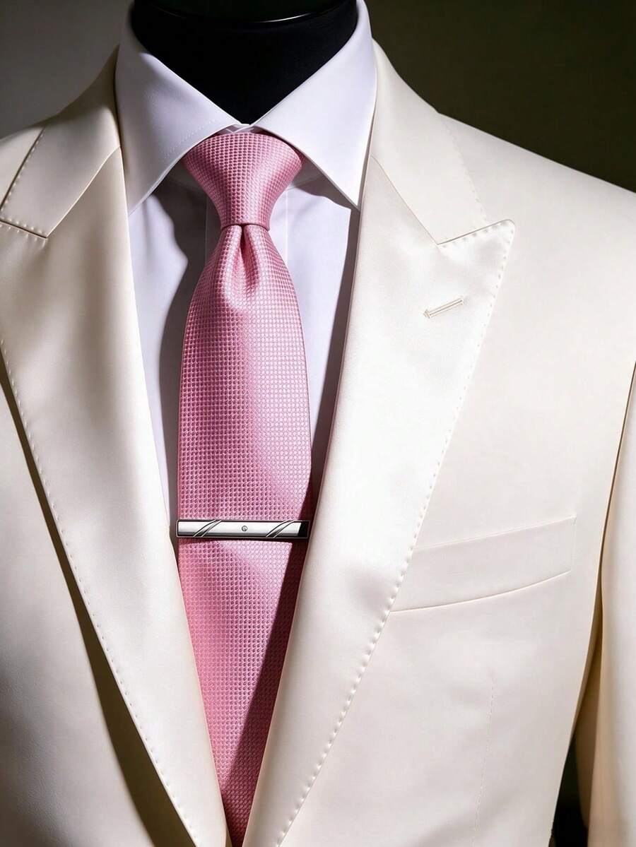1 Set Men's Fine Plaid Solid Color Necktie, Business Premium Fashion Versatile Tie Clip Accessory, Suitable For Business Work, Wedding Party, Gathering, Evening Event, Speech Competition - Baby Pink - View 1
