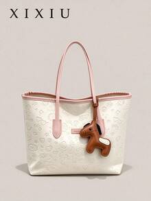 Women's One Shoulder Tote Bag Embossed Cartoon Pattern PU Leather Horse Charm Large Capacity Sweet Preppy Style Daily Commute School Shopping Handbag - Pink - View 2