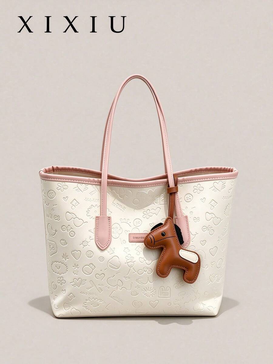 Women's One Shoulder Tote Bag Embossed Cartoon Pattern PU Leather Horse Charm Large Capacity Sweet Preppy Style Daily Commute School Shopping Handbag