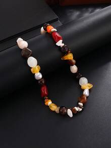 1pc Vintage Bohemian Style Resin Beaded Necklace, Personalized Charming Multicolor Geometric Beaded Collarbone Chain, Unisex Casual Accessory - Multicolor - View 2