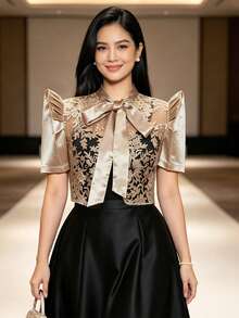 現代菲律賓風優雅花瓣袖短袖針織開襟外套 - 咖啡棕 - 查看 2