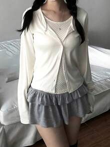 女士极简主义二合一波点叠层圆领长袖针织开衫 - 杏色 - 查看 2