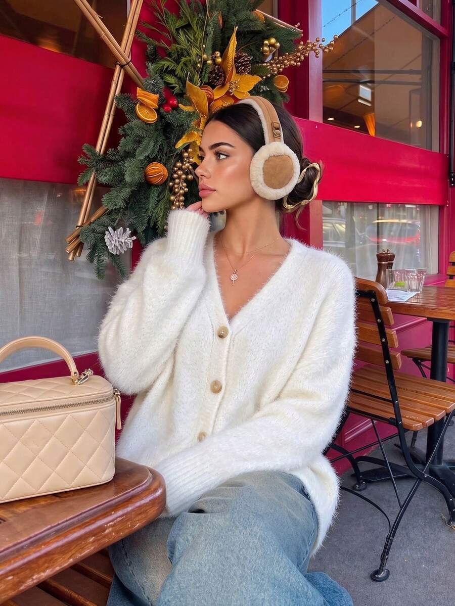 Minimalist White Fuzzy Loose Knit Cardigan, Soft Oversized Button-Up Sweater, Suitable For Autumn/Winter Brunch And Daily Commute - White - View 1