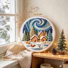 1pc Winter Night Snow Scene DIY Embroidery Kit With Hoop, Healing Starry Sky Cottage, Christmas Holiday Gift, Bedroom Home Decor Ornament - Multicolor - View 6