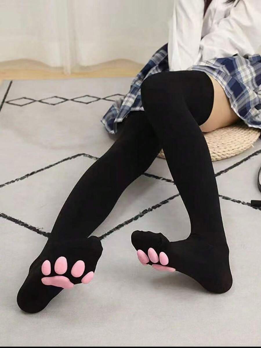 3D Cat Paw Over-The-Knee Socks, Cute Soft Toe Socks, Cat Paw Pads Socks, Suitable For Girls And Women Cosplay Outfits - Black - View 1