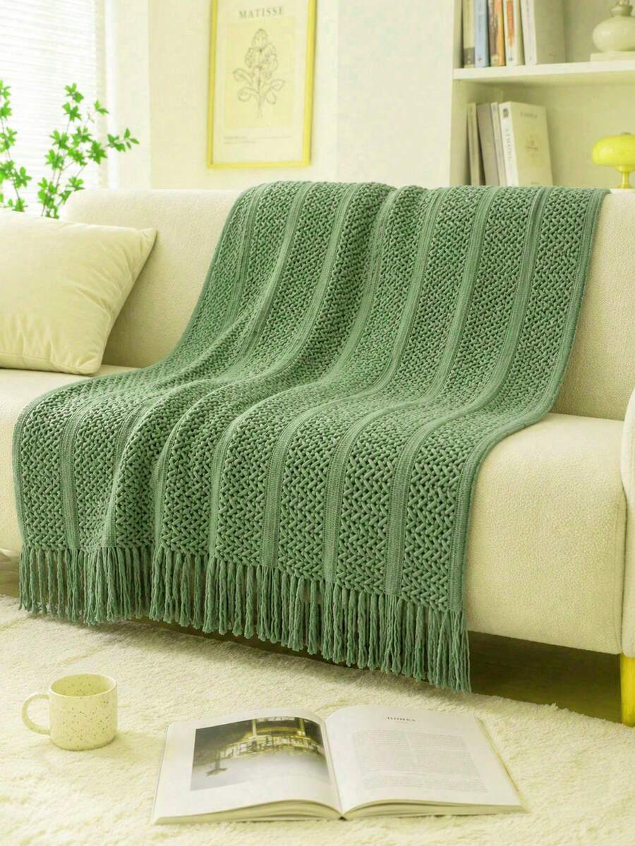 1pc Solid Color Knitted Blanket, Nordic Style Tassel Design Soft Blanket, Office Nap Blanket, Bed Throw, Sofa Blanket, Suitable For Daily Use - Olive Green Cable Knitted Scarf - View 1