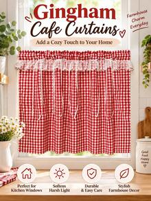 1pc French Country Gingham Cafe Curtain With Ribbon Bows, Cottagecore Plaid Short Kitchen Tier ...