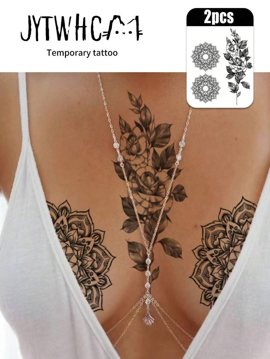 2pcs Waterproof Temporary Transfer Tattoo, Water Transfer Paper, Vintage Boho Gothic Style, Sketch Rose & Mandala Flower Pattern, Delicate Line Details, Long Lasting Fake Tattoo Stickers, Body Art Decals For Women, Suitable For Chest, Shoulder - Black - View 1