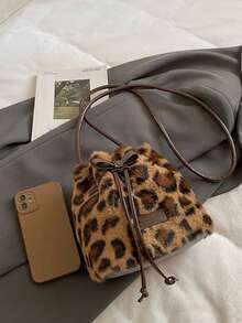 1pc Girls Leopard Print Plush Drawstring Closure Vintage Crossbody Bag Suitable For All Seasons Daily Use - A - View 4