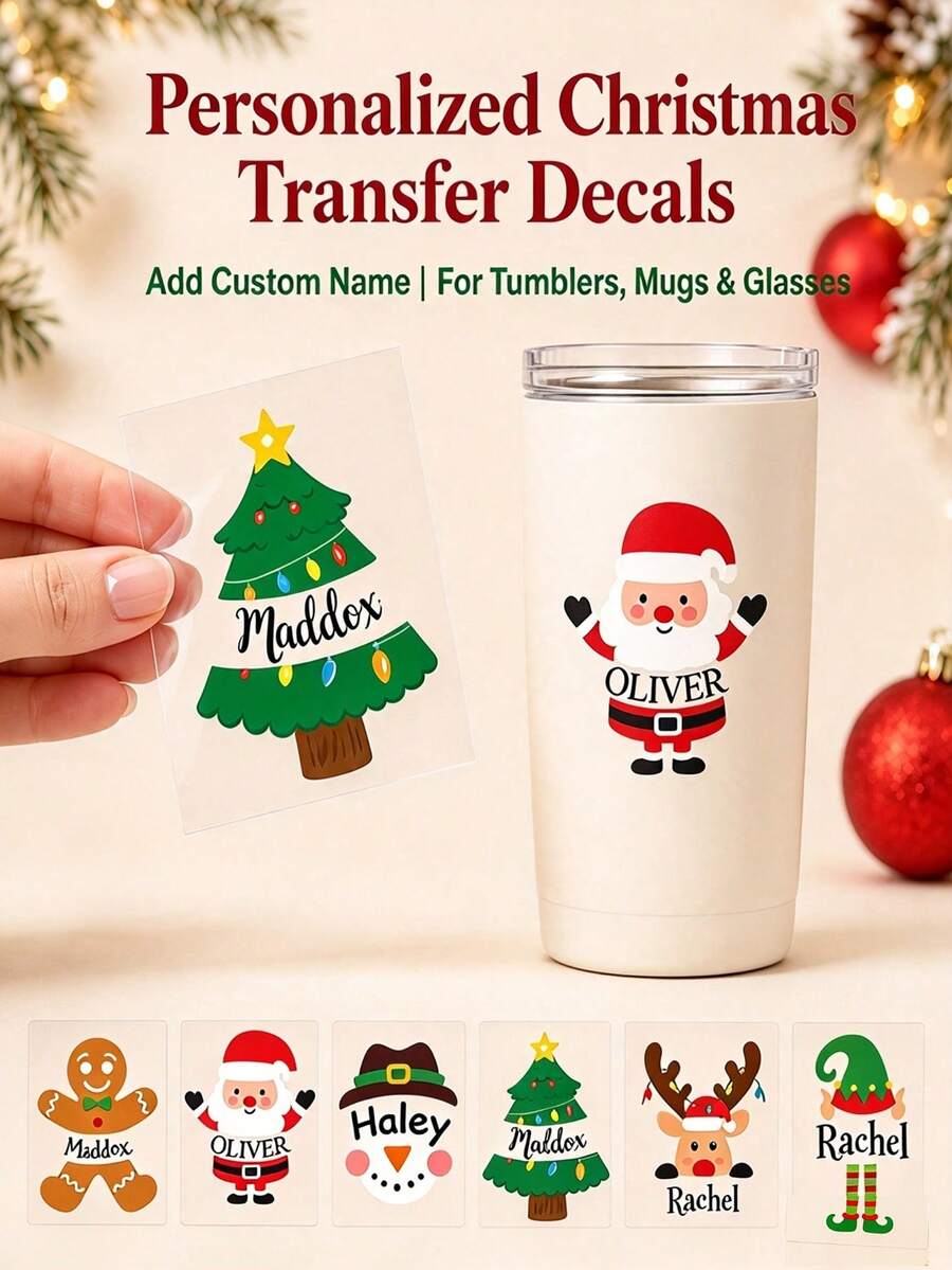 Miếng dán chuyển nhiệt Giáng Sinh cá nhân hóa, decal tên tùy chỉnh, họa tiết dễ thương Ông già Noel, người bánh gừng, tuần lộc, trang trí DIY cho ly rượu, cốc, ly thủy tinh, máy tính, cửa sổ, nhãn quà tặng lễ hội tùy chỉnh, trang trí tiệc tại nhà - Nhiều màu - Xem 1