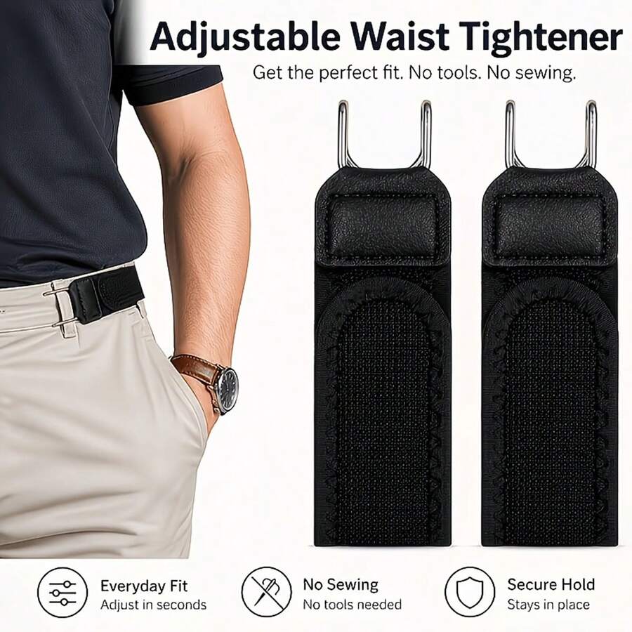 Reusable Waist Belt, Loose Jeans Belt Buckle, Seamless Tool-Free Denim Buckle, Portable Adjustable Hook And Loop Belt (With Metal Hook), Unisex Elastic Loose Style Belt, Suitable For Daily Commute - Multicolor - View 1