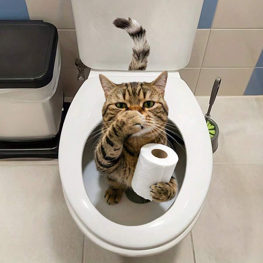 1pc Funny Cat Peeking Out Of Hole Pattern Sticker, Removable Sticker For Bathroom Toilet Tank Decoration - Multicolor - View 1