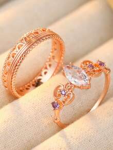 YOYO 2pcs Vintage Style Rings, Hollow Carved Craftsmanship. Suitable As Gifts Or Engagement Rings - Rose Gold - View 3